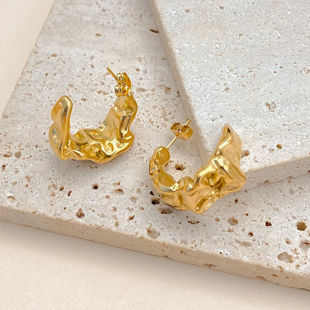 eManco Trendy Gold Color Stainless Steel Hoop Earrings Textured Irregular C - Shape Design Fashion Jewelry for Women