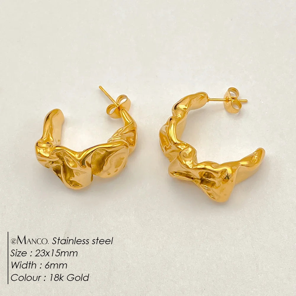 eManco Trendy Gold Color Stainless Steel Hoop Earrings Textured Irregular C - Shape Design Fashion Jewelry for Women