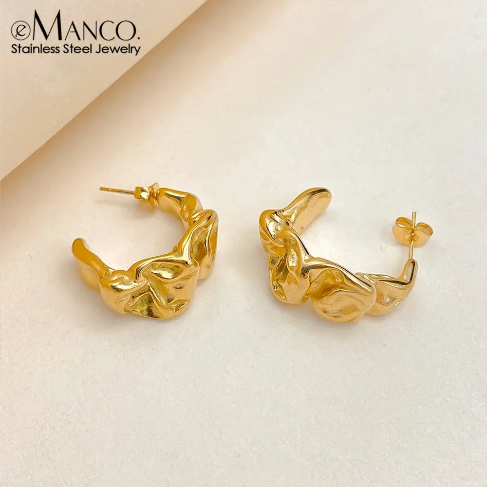 eManco Trendy Gold Color Stainless Steel Hoop Earrings Textured Irregular C - Shape Design Fashion Jewelry for Women