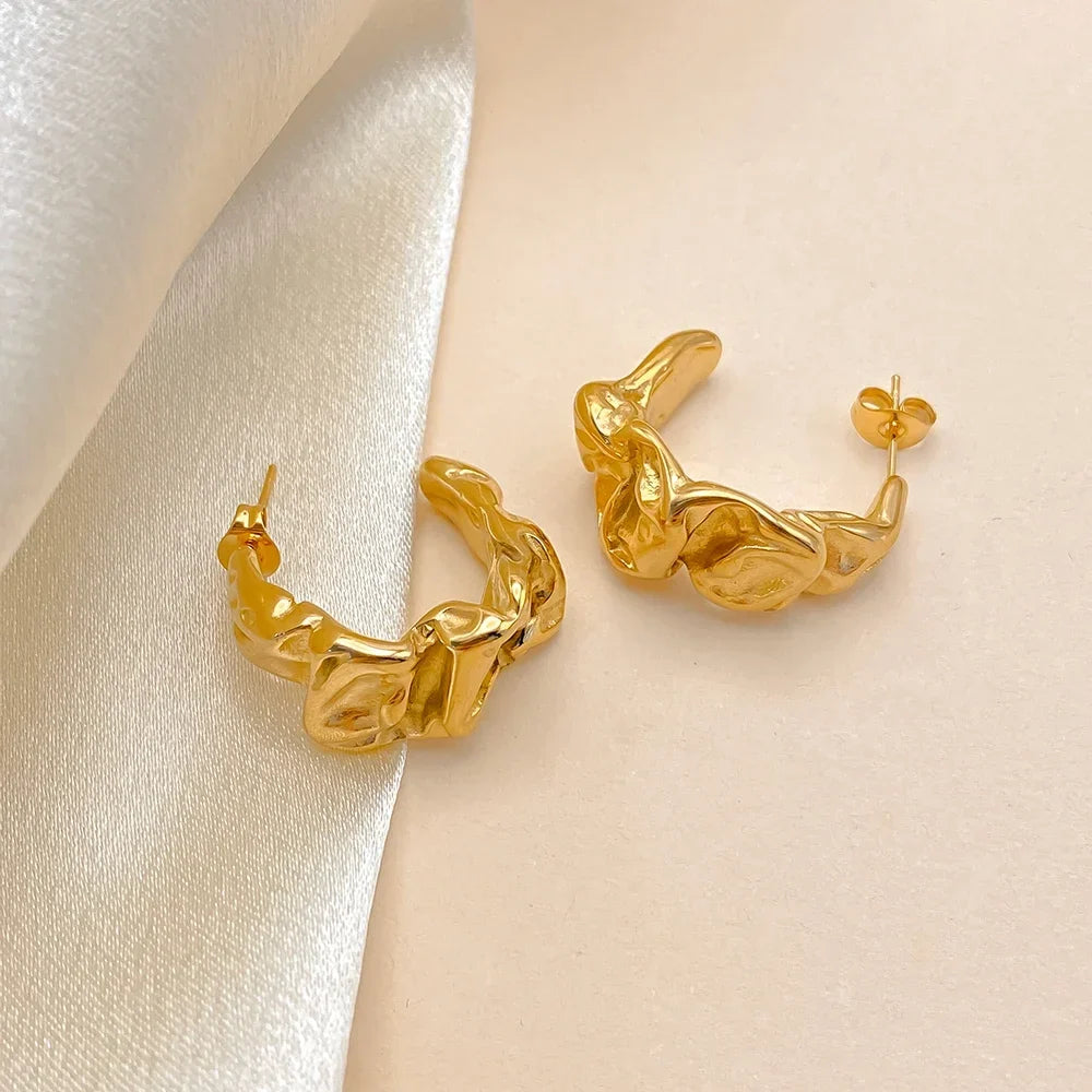 eManco Trendy Gold Color Stainless Steel Hoop Earrings Textured Irregular C - Shape Design Fashion Jewelry for Women