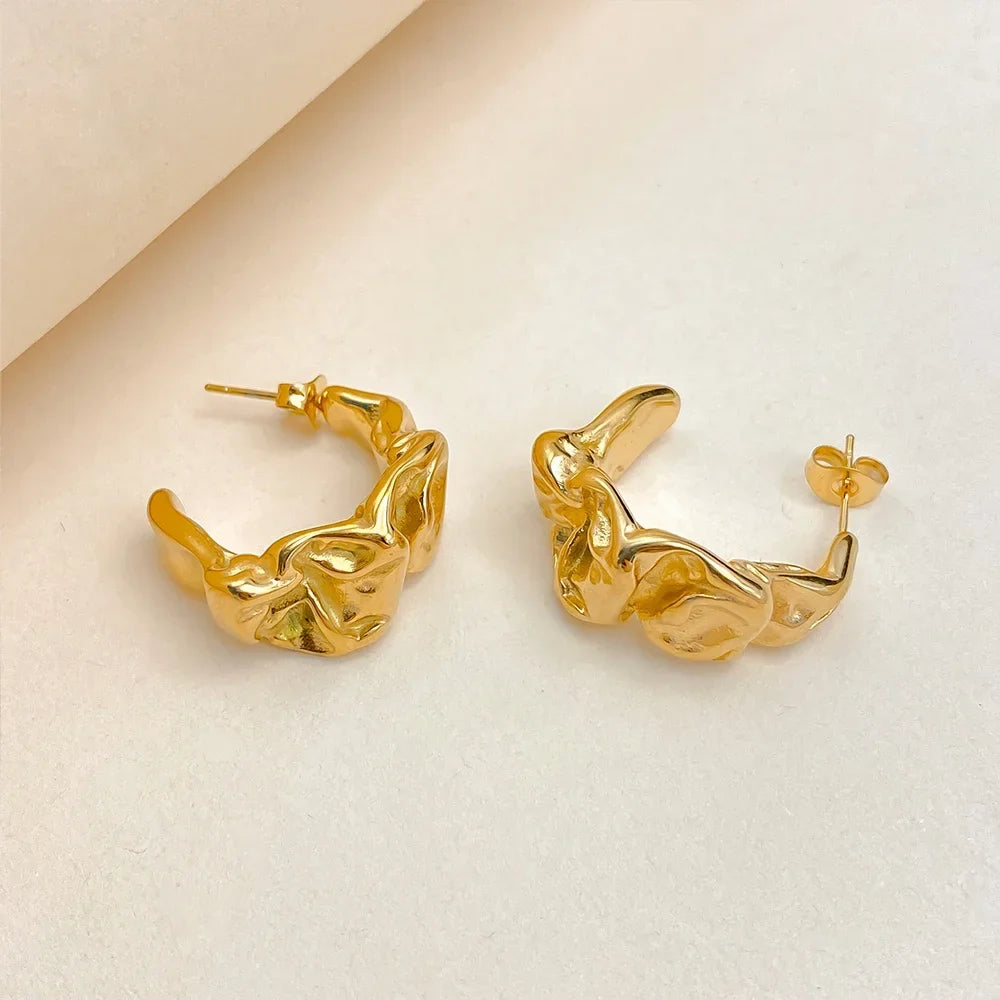 eManco Trendy Gold Color Stainless Steel Hoop Earrings Textured Irregular C - Shape Design Fashion Jewelry for Women