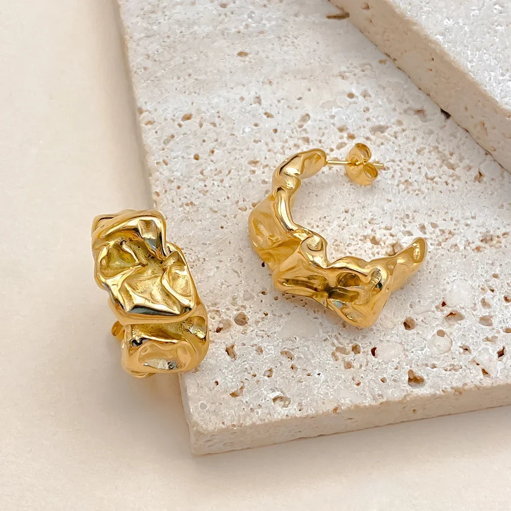 eManco Trendy Gold Color Stainless Steel Hoop Earrings Textured Irregular C - Shape Design Fashion Jewelry for Women