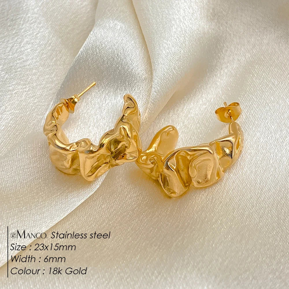 eManco Trendy Gold Color Stainless Steel Hoop Earrings Textured Irregular C - Shape Design Fashion Jewelry for Women