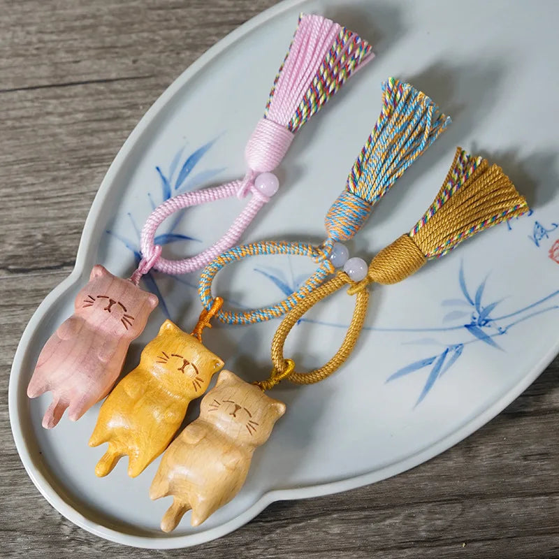 wooden lazy pendant, beech , golden sandalwood, blood cypress wood, carved lucky cat DIY tassel keychain
