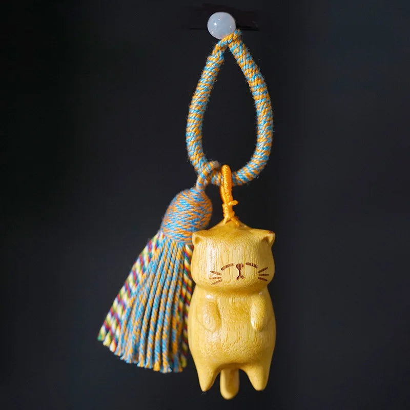 wooden lazy pendant, beech , golden sandalwood, blood cypress wood, carved lucky cat DIY tassel keychain