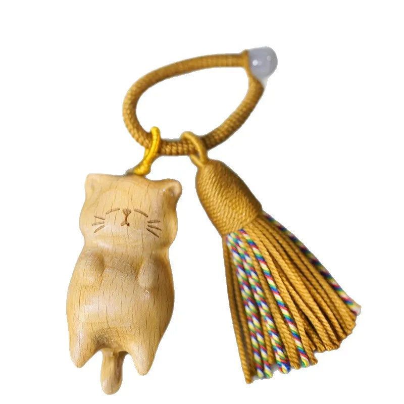 wooden lazy pendant, beech , golden sandalwood, blood cypress wood, carved lucky cat DIY tassel keychain