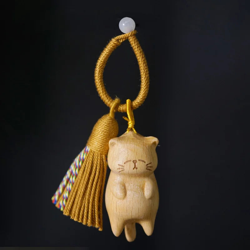 wooden lazy pendant, beech , golden sandalwood, blood cypress wood, carved lucky cat DIY tassel keychain
