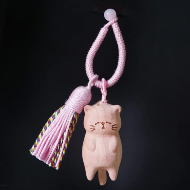 wooden lazy pendant, beech , golden sandalwood, blood cypress wood, carved lucky cat DIY tassel keychain