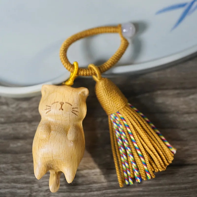 wooden lazy pendant, beech , golden sandalwood, blood cypress wood, carved lucky cat DIY tassel keychain